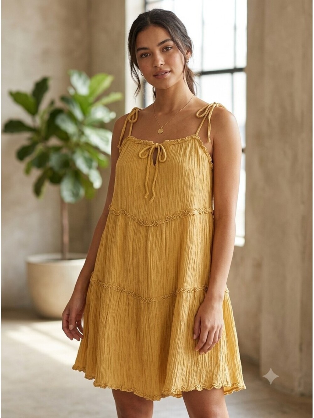 Sweet Pot Yellow Crinkle Tiered Sundress Boho Tie Strap Ruffle Mini Dress Sz 12